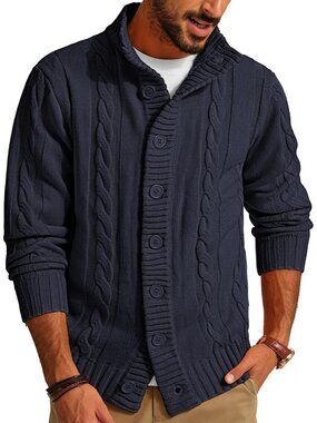 🆕Men's Dark Blue Cable Knit Cardigan Sweater Button Down Stand Collar Jacket